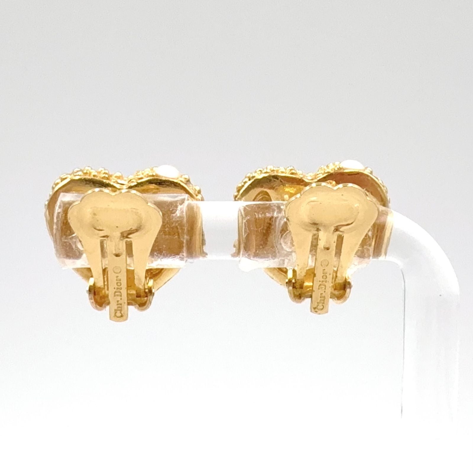Dior Heart Motif Faux Pearl Color Stone Gold Earrings — view 3