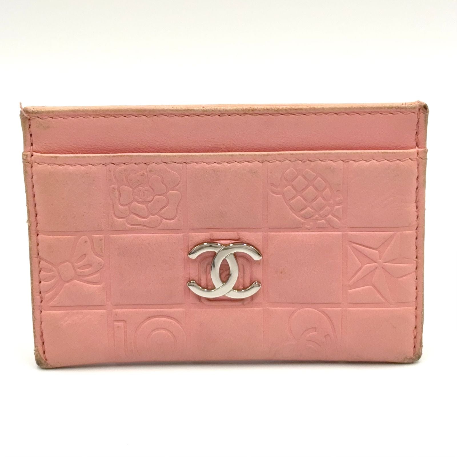 Chanel CC Logo Icon Line Leather Light Pink Card Case Silver