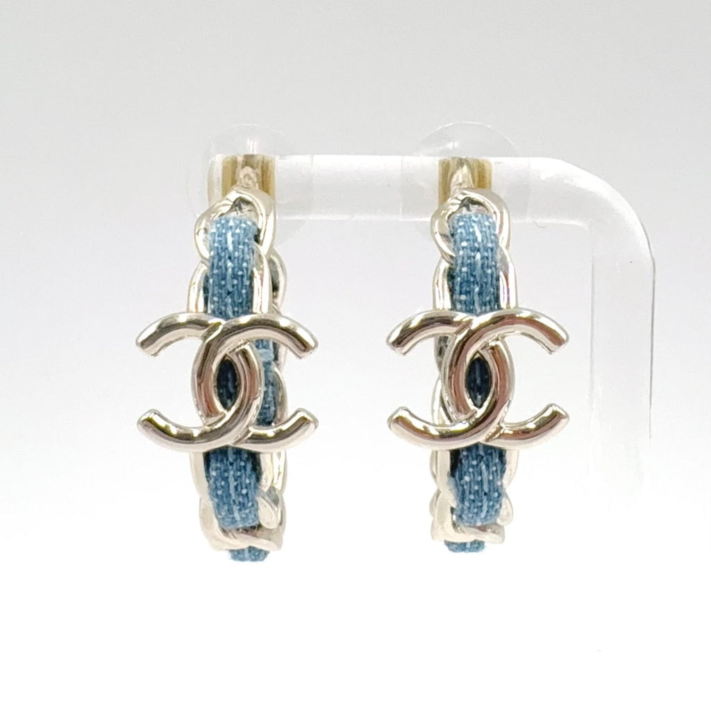 Chanel CC Logo Hoop Metal Denim Silver Blue Earrings