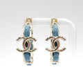 Chanel CC Logo Hoop Metal Denim Silver Blue Earrings
