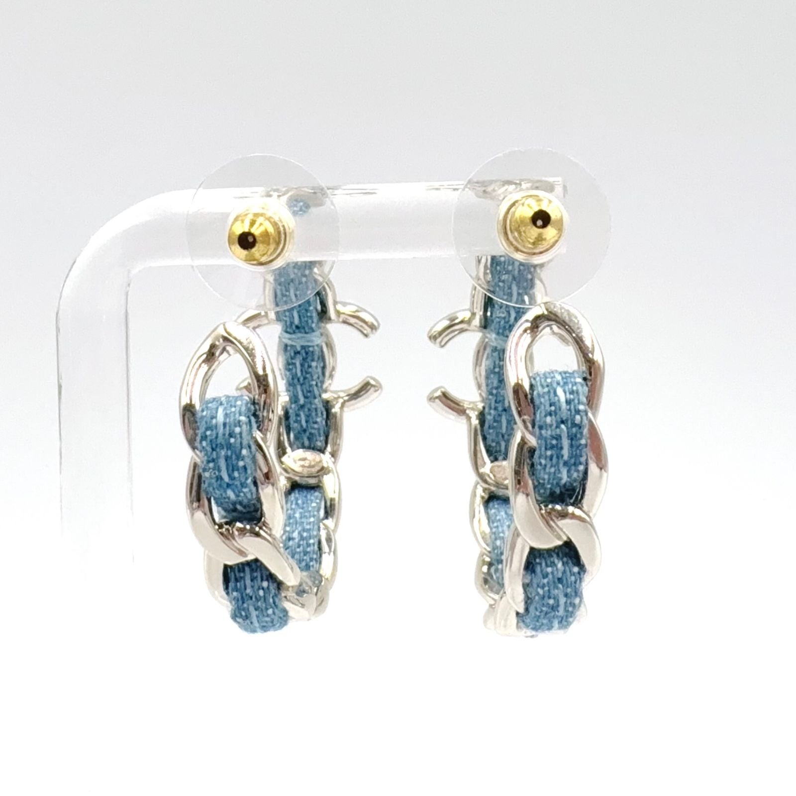 Chanel CC Logo Hoop Metal Denim Silver Blue Earrings — view 3