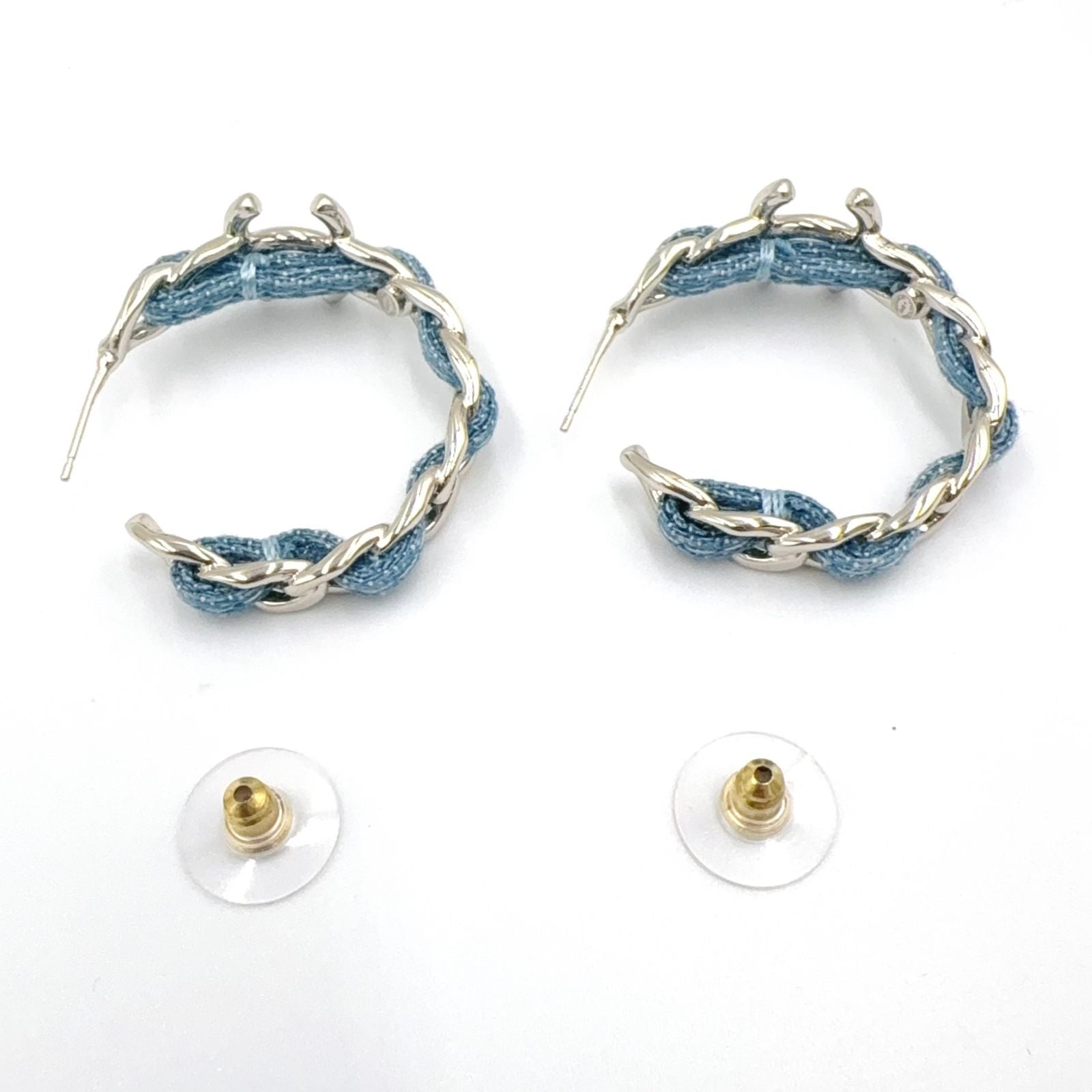 Chanel CC Logo Hoop Metal Denim Silver Blue Earrings — view 5