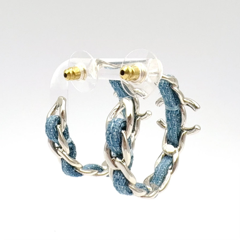 Chanel CC Logo Hoop Metal Denim Silver Blue Earrings — view 2