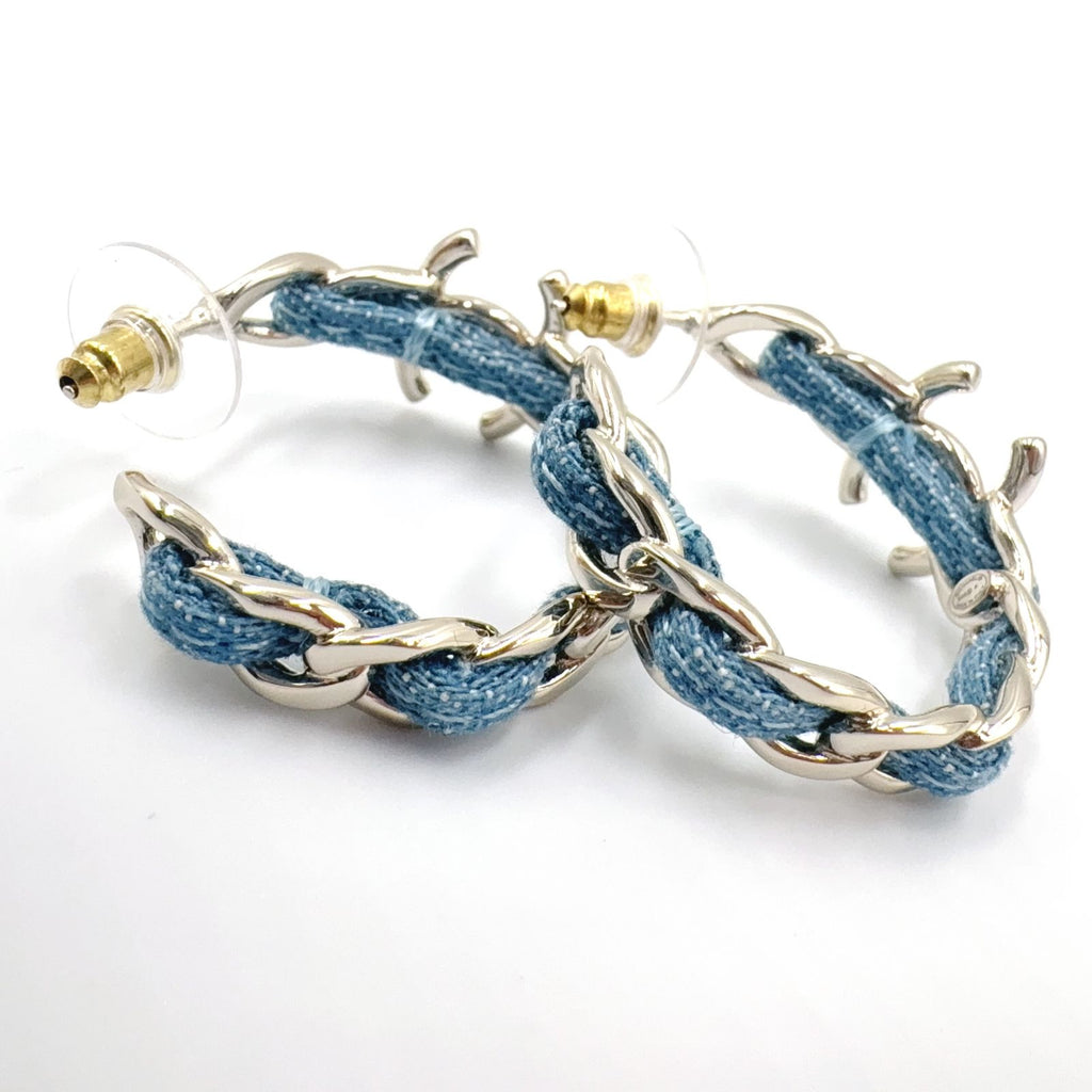 Chanel CC Logo Hoop Metal Denim Silver Blue Earrings — view 8