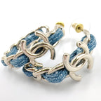 Chanel CC Logo Hoop Metal Denim Silver Blue Earrings — view 7