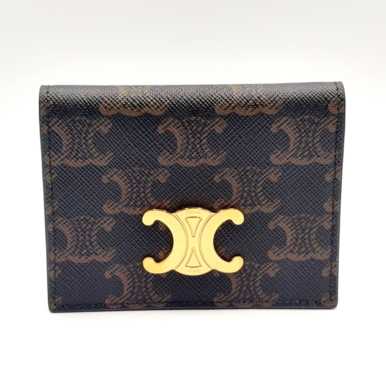 Celine Triomphe Leather Brown Card Case Gold