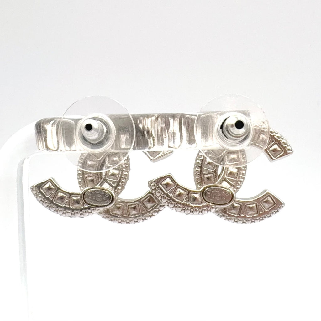 Chanel CC Logo Metal Rhinestone Color Stone Silver Black Earrings — view 3