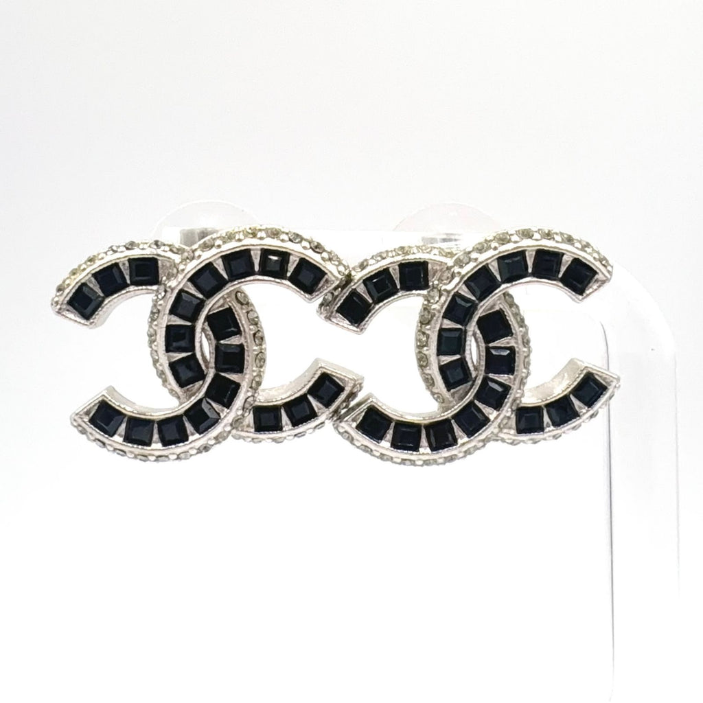 Chanel CC Logo Metal Rhinestone Color Stone Silver Black Earrings