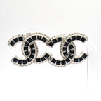 Chanel CC Logo Metal Rhinestone Color Stone Silver Black Earrings