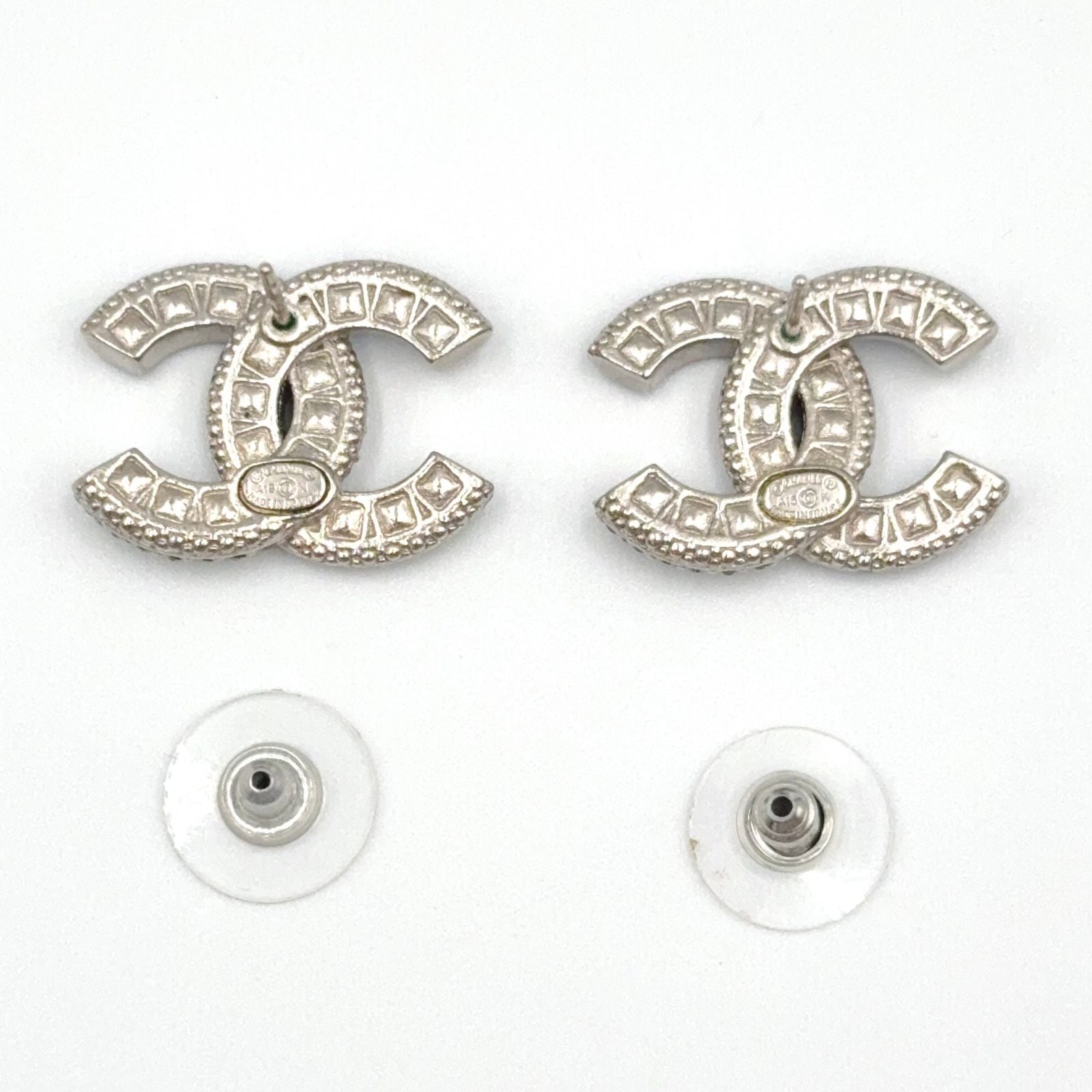 Chanel CC Logo Metal Rhinestone Color Stone Silver Black Earrings — view 5