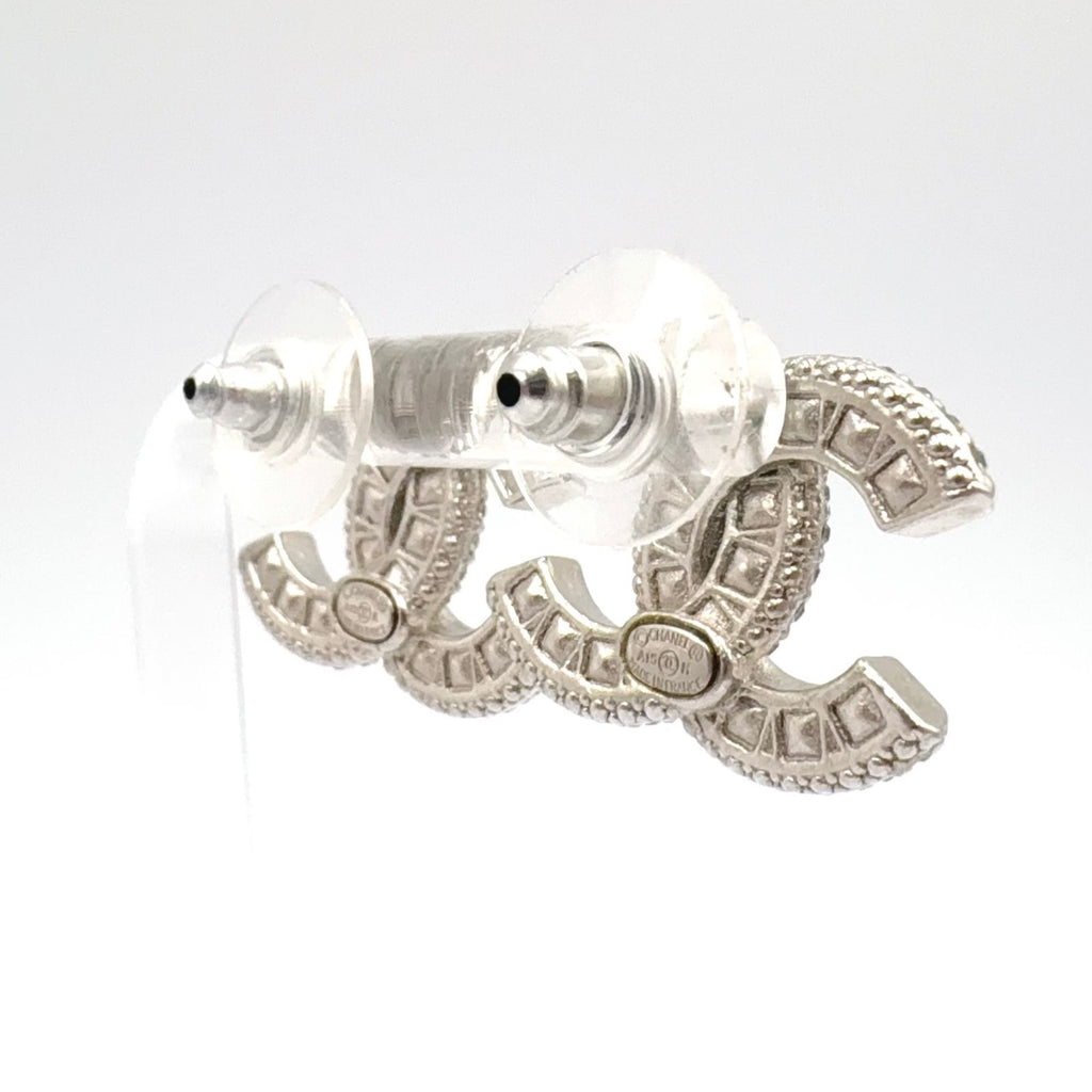 Chanel CC Logo Metal Rhinestone Color Stone Silver Black Earrings — view 2