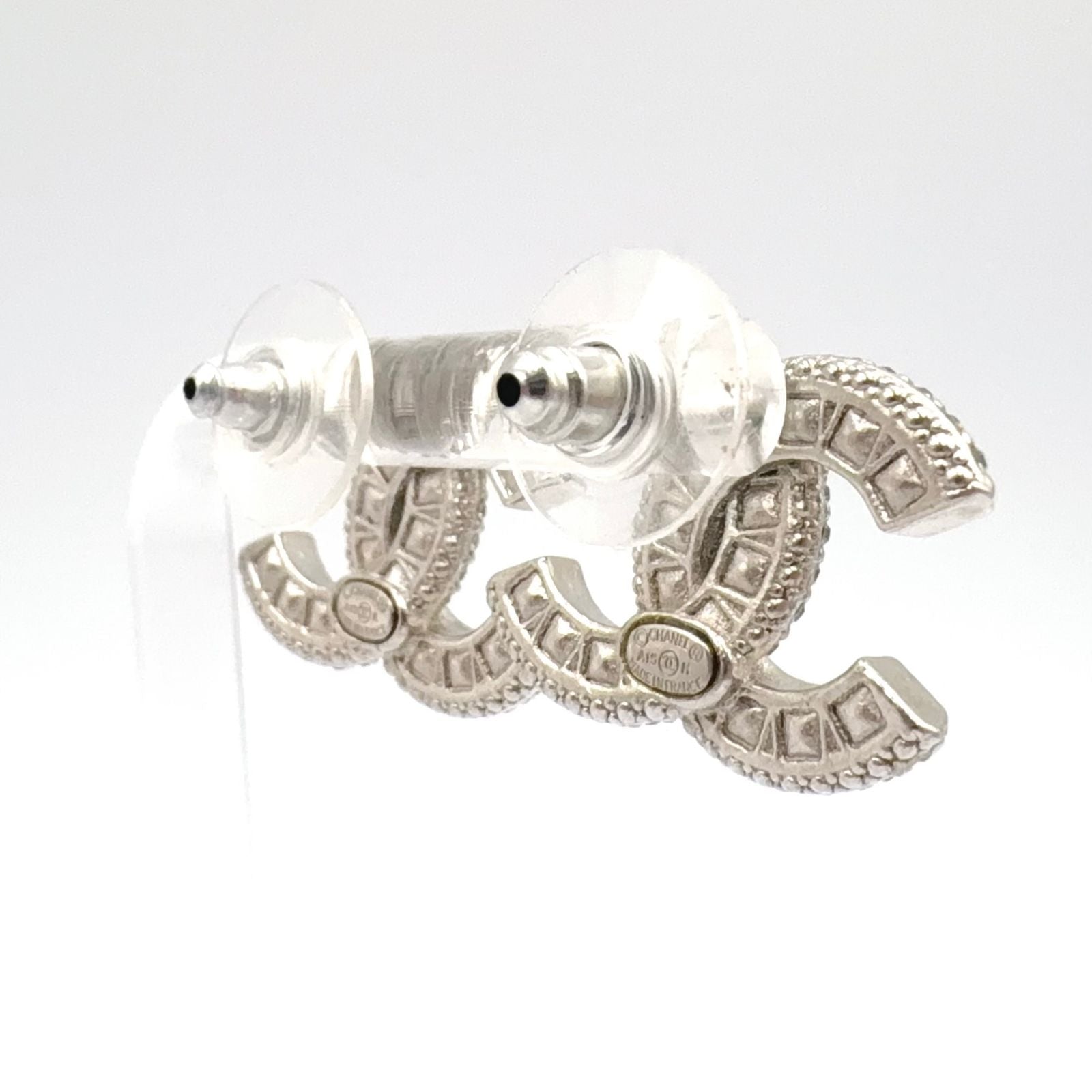 Chanel CC Logo Metal Rhinestone Color Stone Silver Black Earrings — view 2