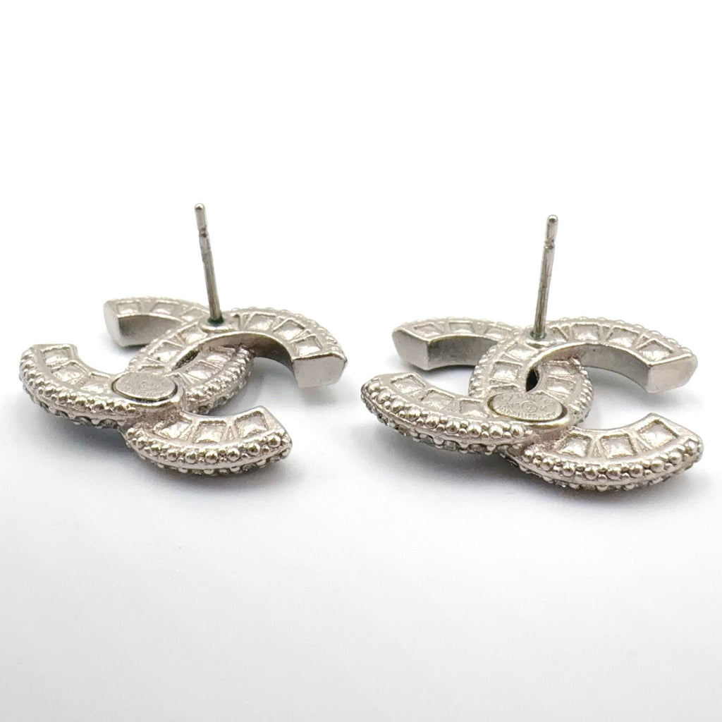 Chanel CC Logo Metal Rhinestone Color Stone Silver Black Earrings — view 7