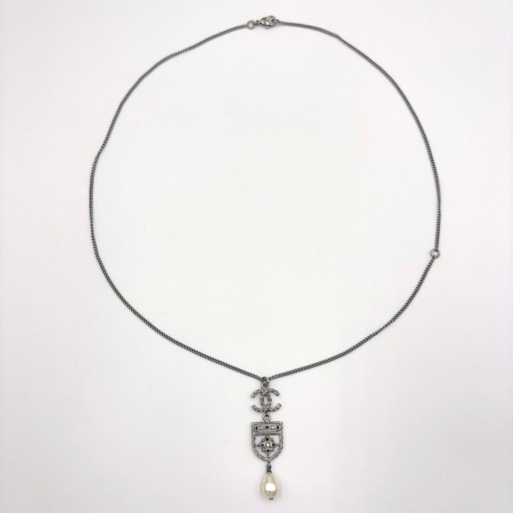 Chanel CC Logo Emblem Faux Pearl Metal Silver White Necklace — view 4