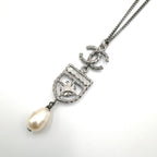 Chanel CC Logo Emblem Faux Pearl Metal Silver White Necklace — view 2