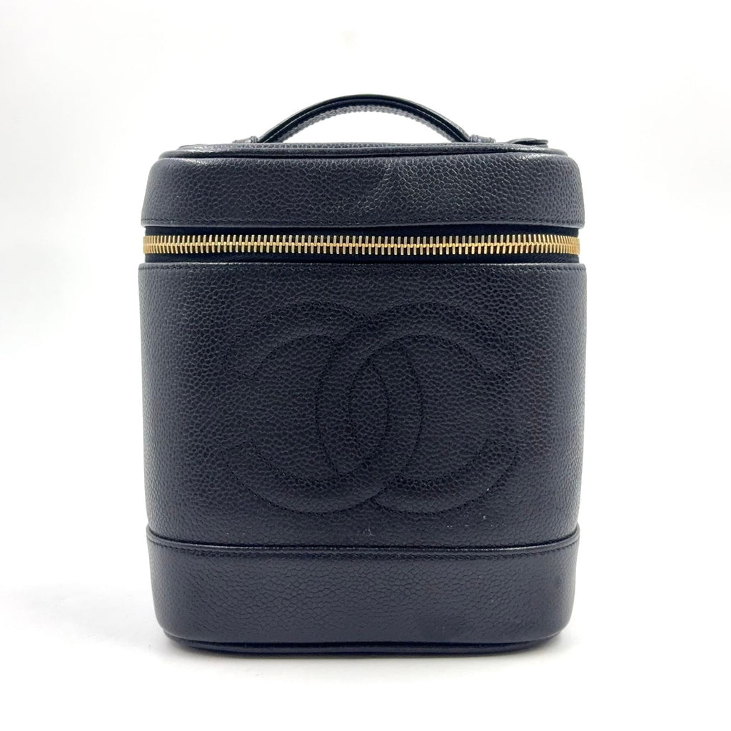 Chanel CC Logo Vanity Caviar Leather Black Pouch Gold