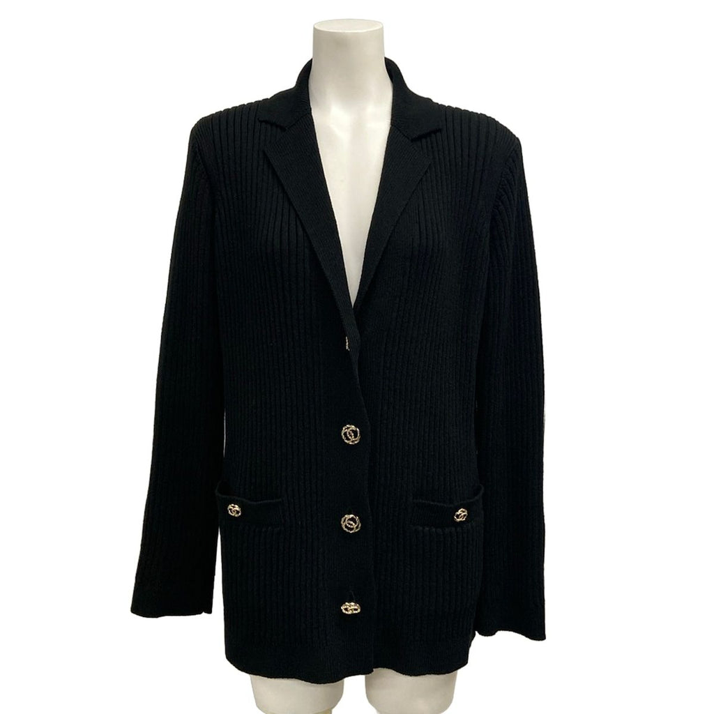 Chanel Jacket 36 S Black Knit Shoulder Pad CC Logo Button Long Sleeve Cotton