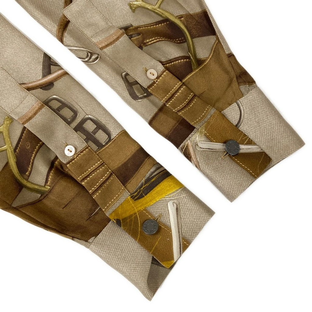 Hermes Long Sleeve Shirt Blouse 36 S Beige Dark Brown Multi Silk — view 6