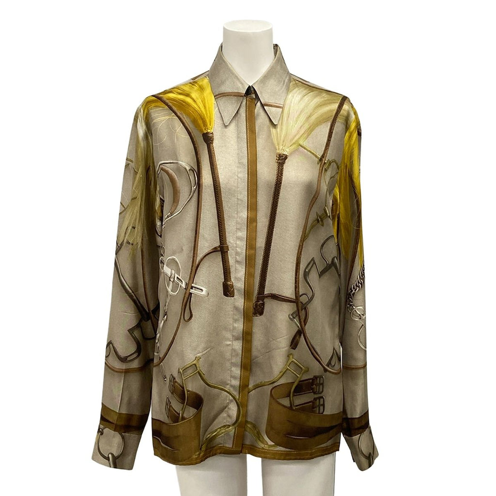 Hermes Long Sleeve Shirt Blouse 36 S Beige Dark Brown Multi Silk