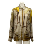 Hermes Long Sleeve Shirt Blouse 36 S Beige Dark Brown Multi Silk