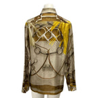 Hermes Long Sleeve Shirt Blouse 36 S Beige Dark Brown Multi Silk — view 2