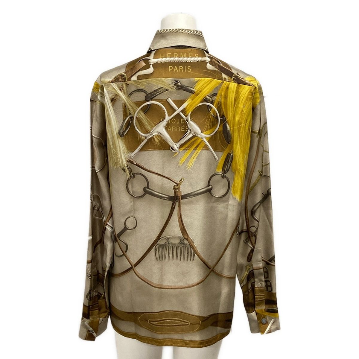 Hermes Long Sleeve Shirt Blouse 36 S Beige Dark Brown Multi Silk — view 2