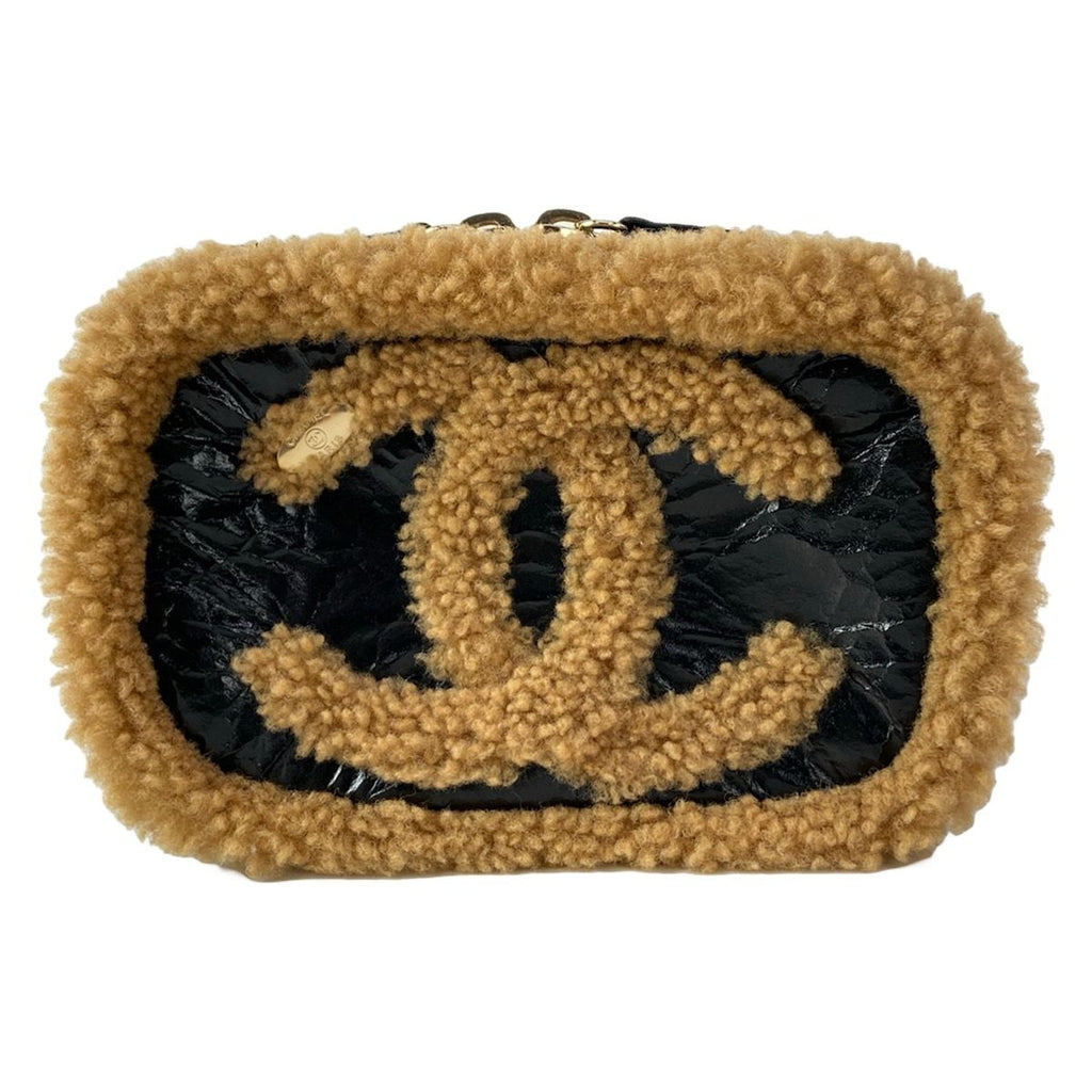 Chanel Waist Pouch CC Mania Black Light Brown Gold CC Logo Shearling