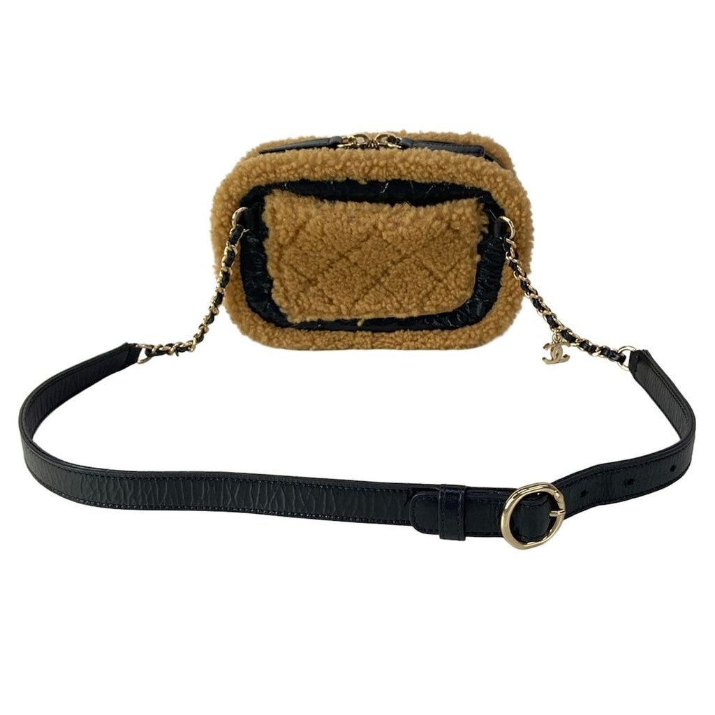 Chanel Waist Pouch CC Mania Black Light Brown Gold CC Logo Shearling — view 3