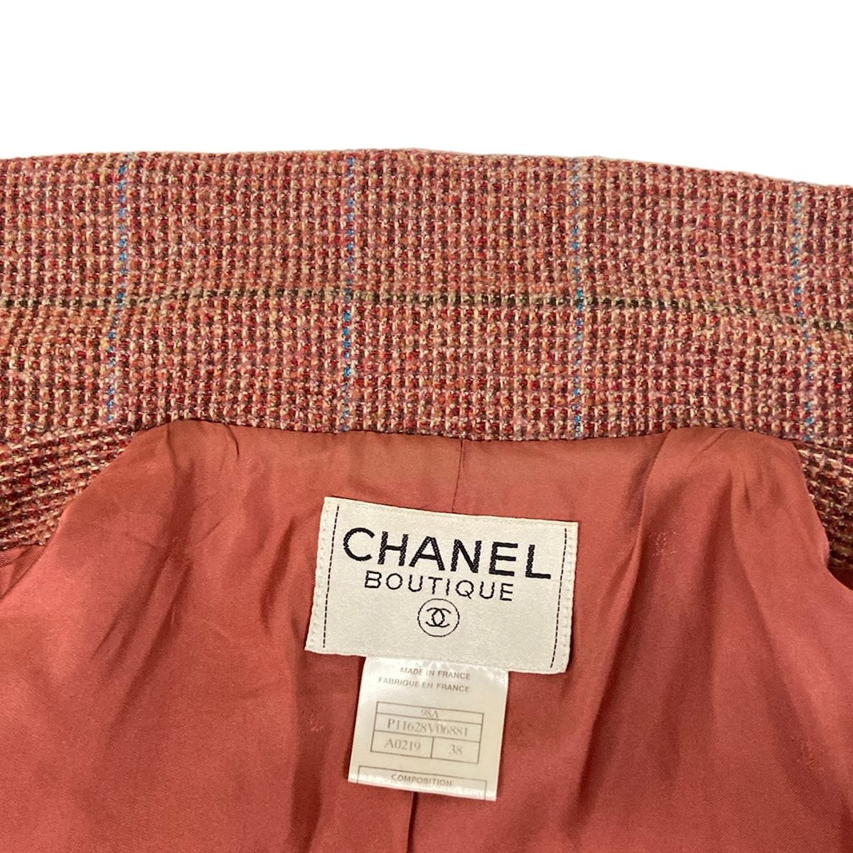 Chanel Jacket 38 M Red Dark Brown Multi Shoulder Pad Long Sleeve Check Pattern — view 7