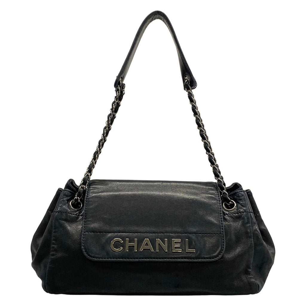 Chanel Shoulder Bag Black Chain Silver Logo Flap Lambskin