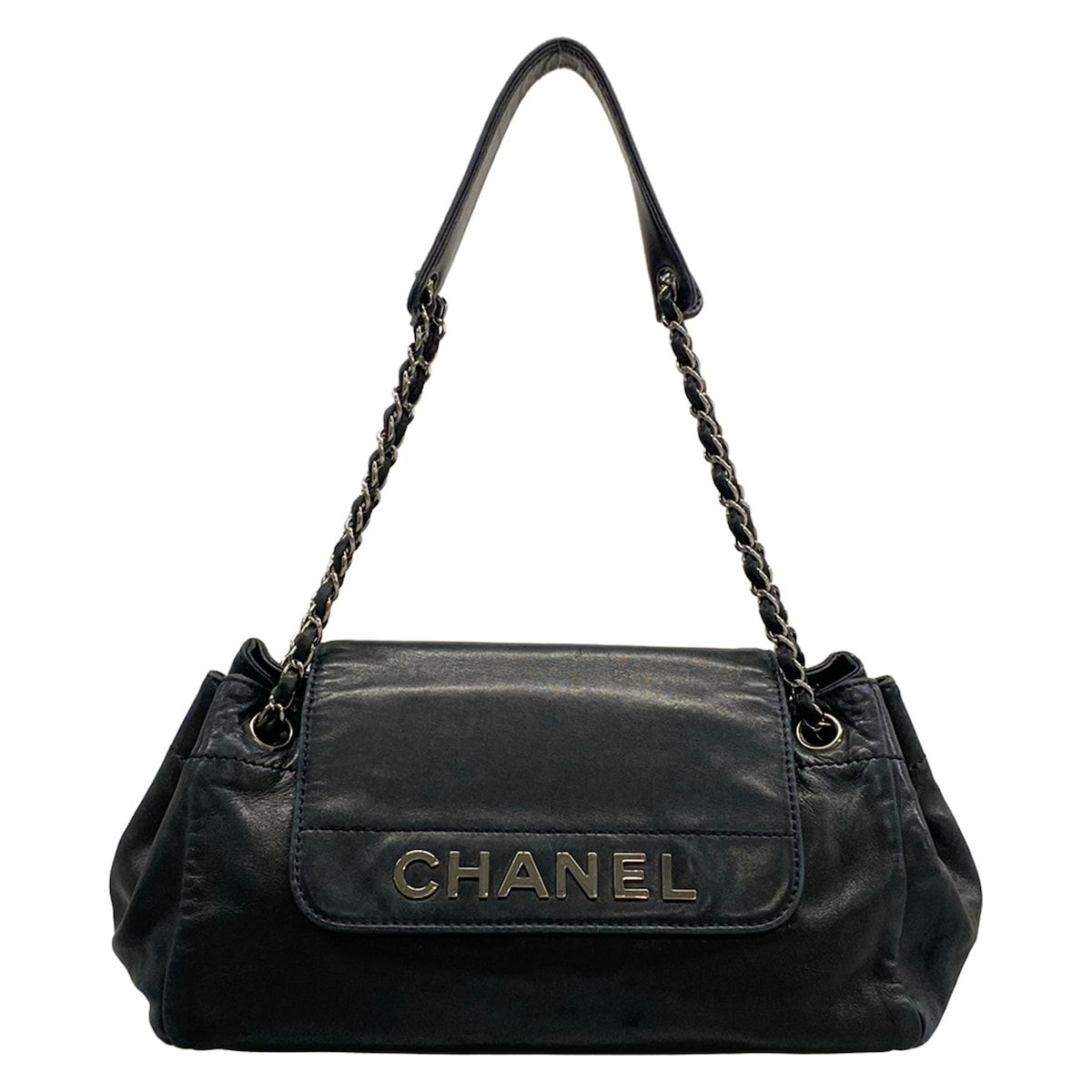 Chanel Shoulder Bag Black Chain Silver Logo Flap Lambskin