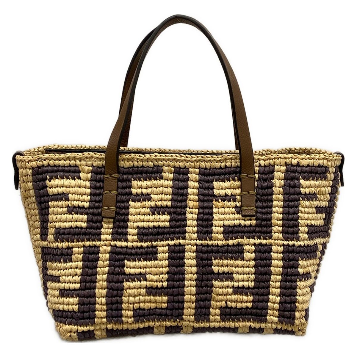 Fendi Handbag Roll Mini Zucca Pattern Beige Dark Brown Leather