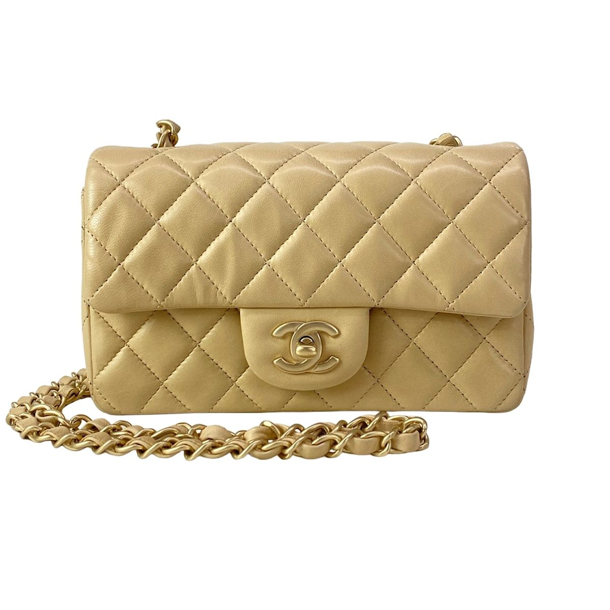 Chanel Shoulder Bag Mini Quilted Beige Matte Togo Chain Lambskin