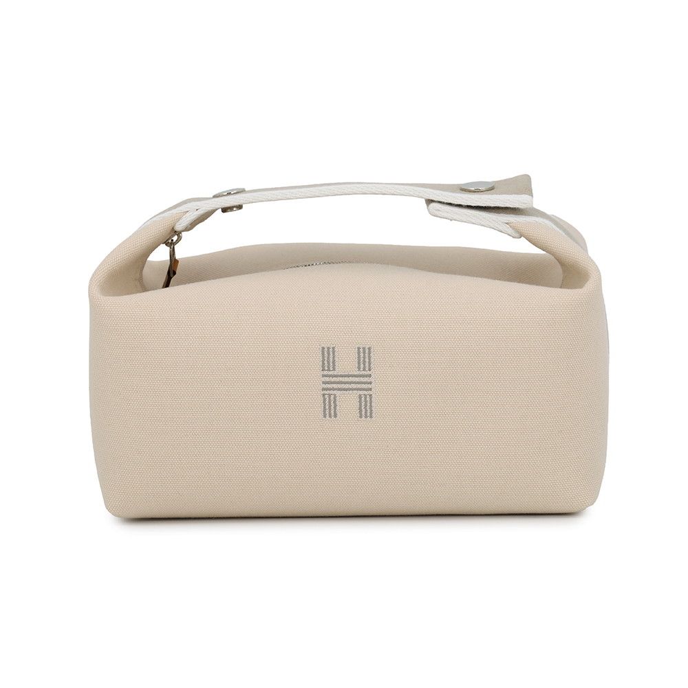 Hermes Pouch Brid Black PM Beige Silver Canvas Case