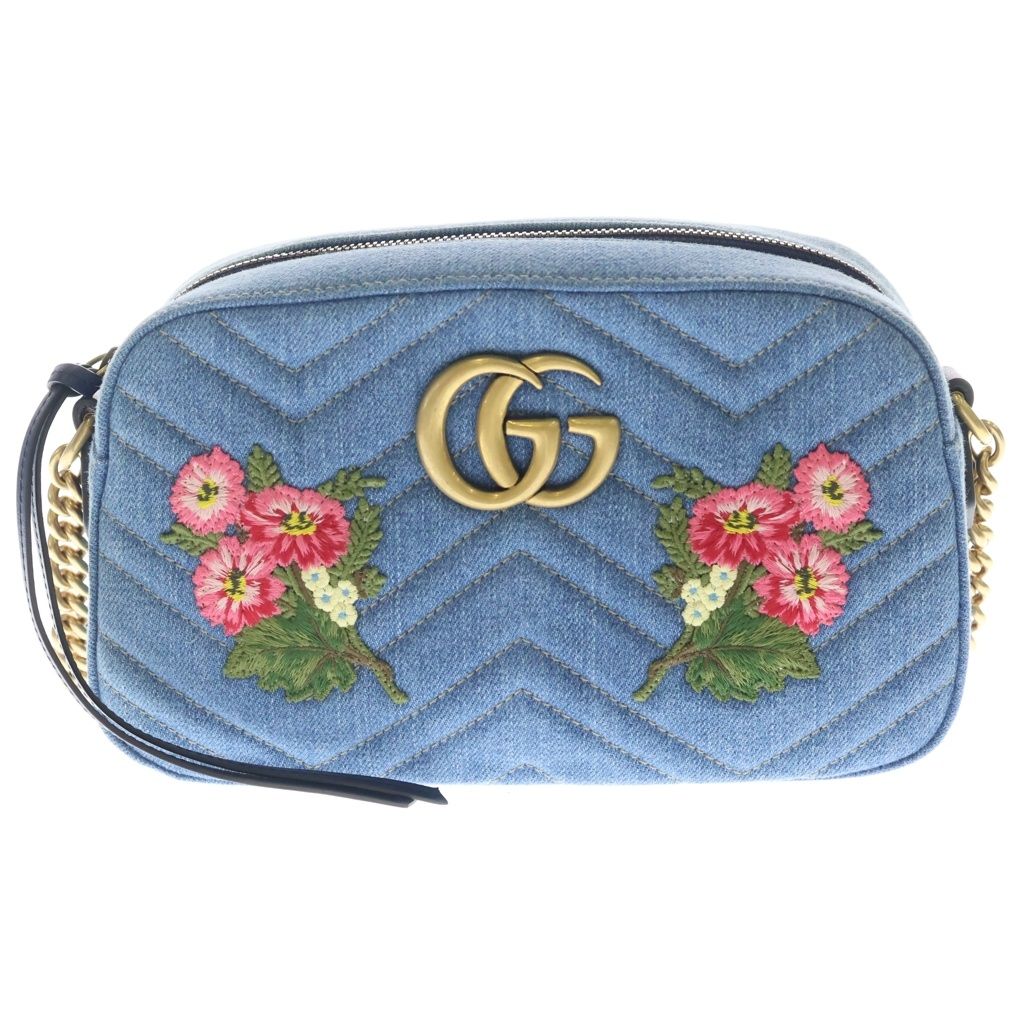 Gucci Marmont Quilted Flower Embroidery Small Shoulder Bag Indigo Blue Denim