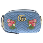 Gucci Marmont Quilted Flower Embroidery Small Shoulder Bag Indigo Blue Denim
