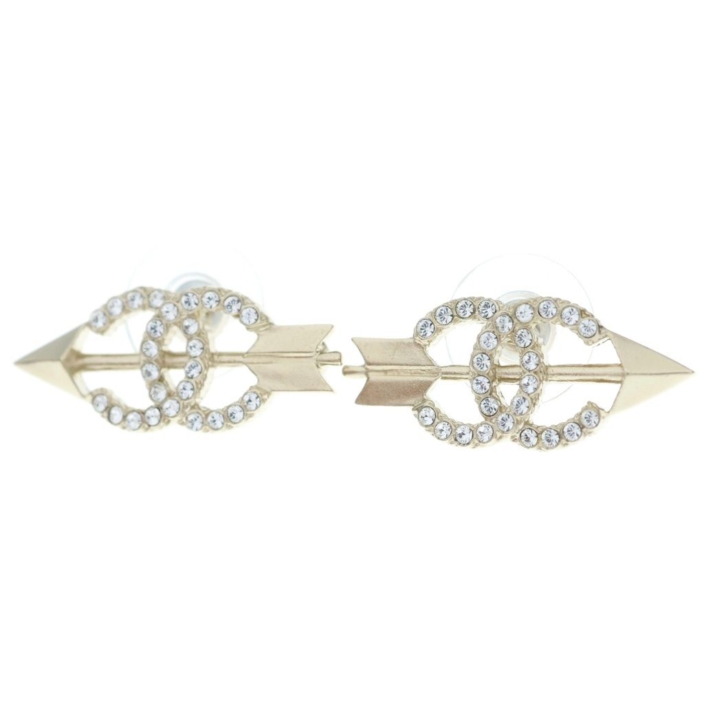 Chanel CC Logo Arrow Earrings Rhinestone Gold