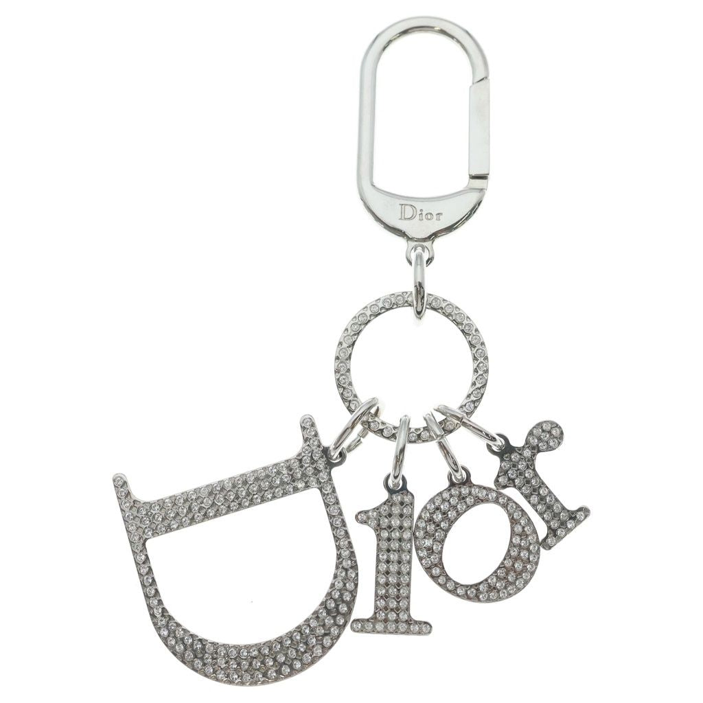Dior Rhinestone Logo Key Holder Bag Charm Key Ring Silver