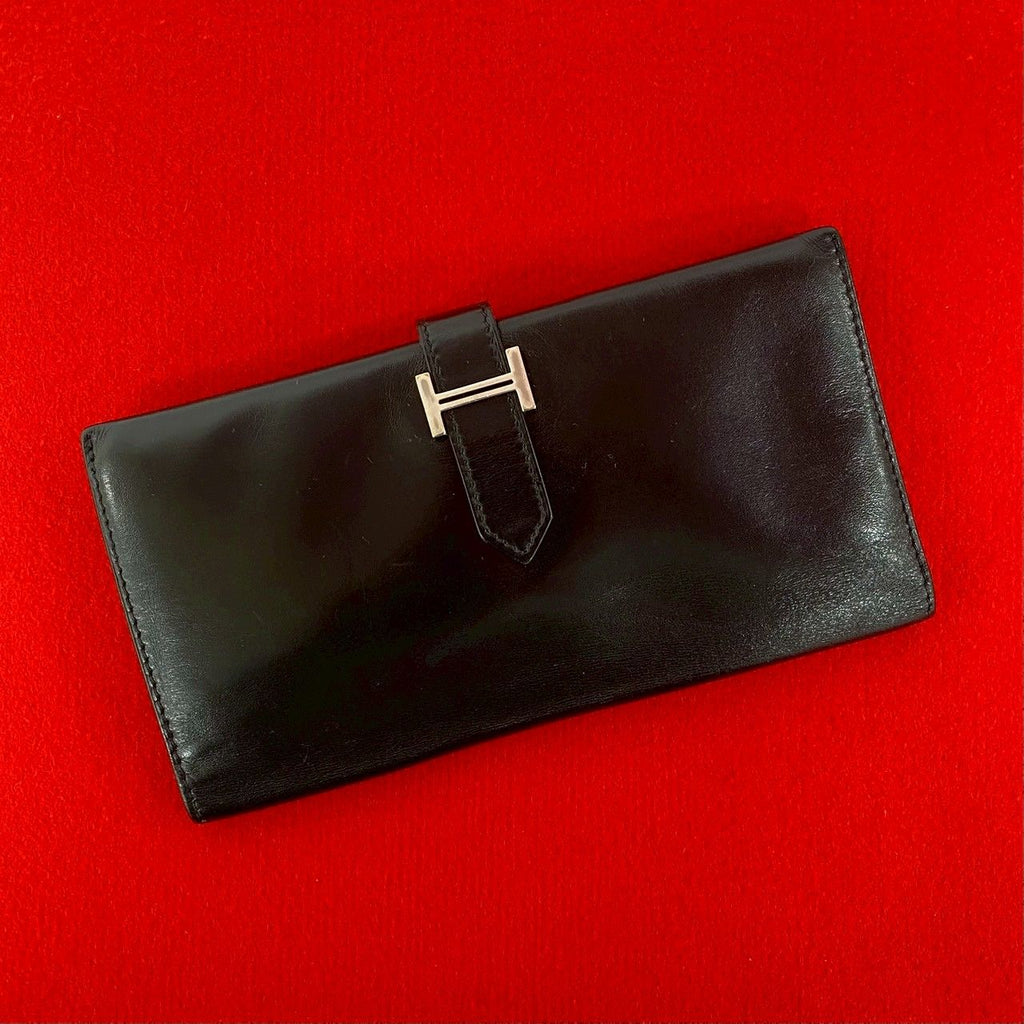 Hermes Bearn Box Calf Wallet Bifold Card Case Coin Purse Black