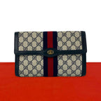 Gucci Vintage Sherry Line GG Logo Pattern Leather Clutch Navy