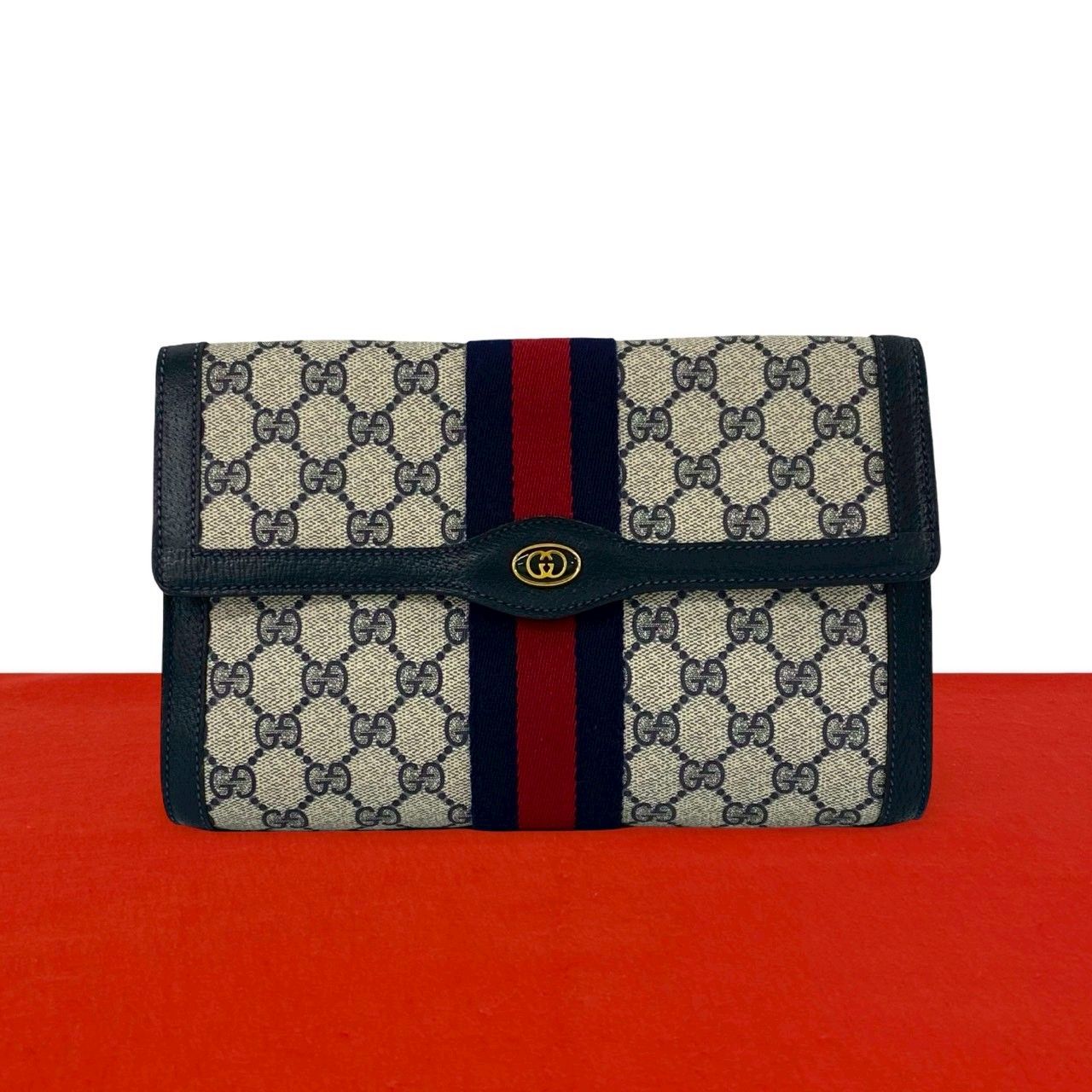 Gucci Vintage Sherry Line GG Logo Pattern Leather Clutch Navy