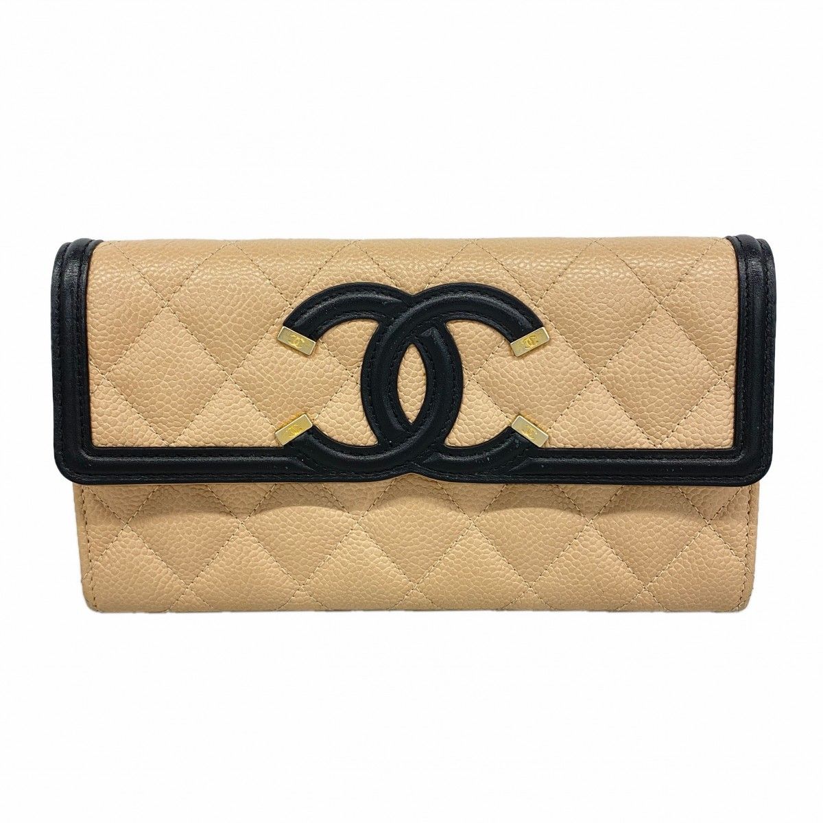 Chanel Wallet CC Filigree Caviar Leather Beige Gold