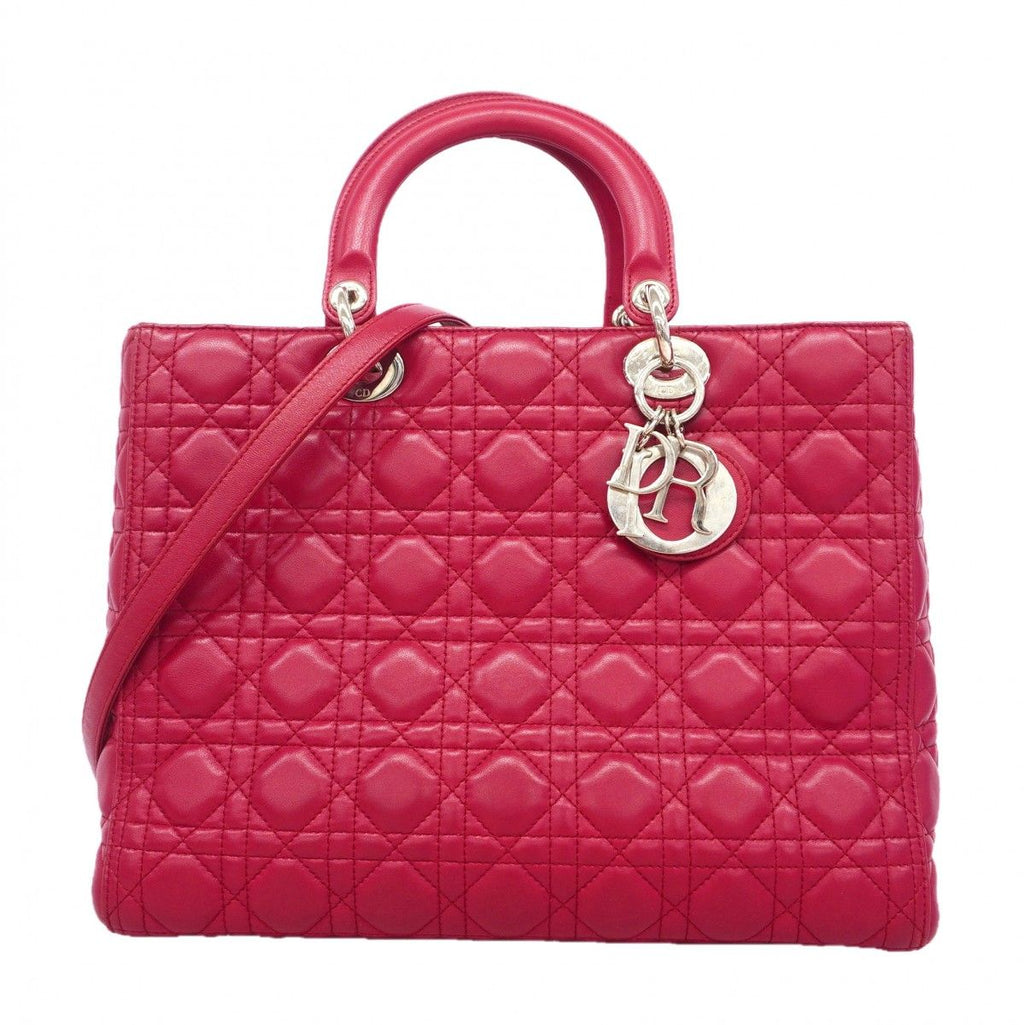 Dior Handbag Cannage Lady Leather Red Silver 2-Way
