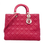Dior Handbag Cannage Lady Leather Red Silver 2-Way