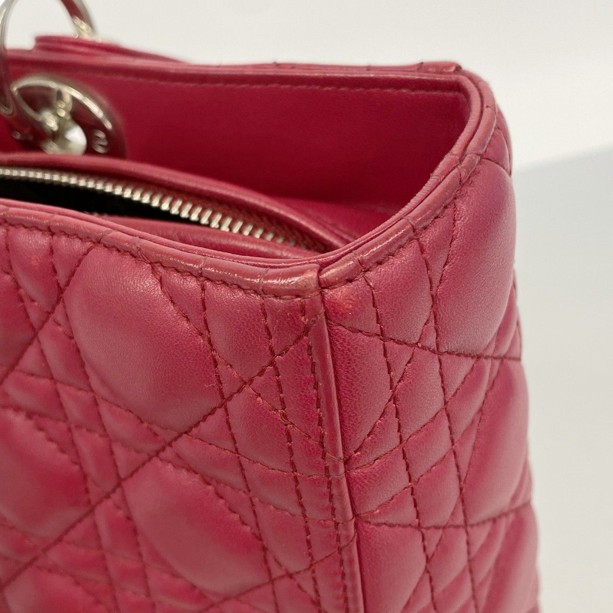 Dior Handbag Cannage Lady Leather Red Silver 2-Way — view 6