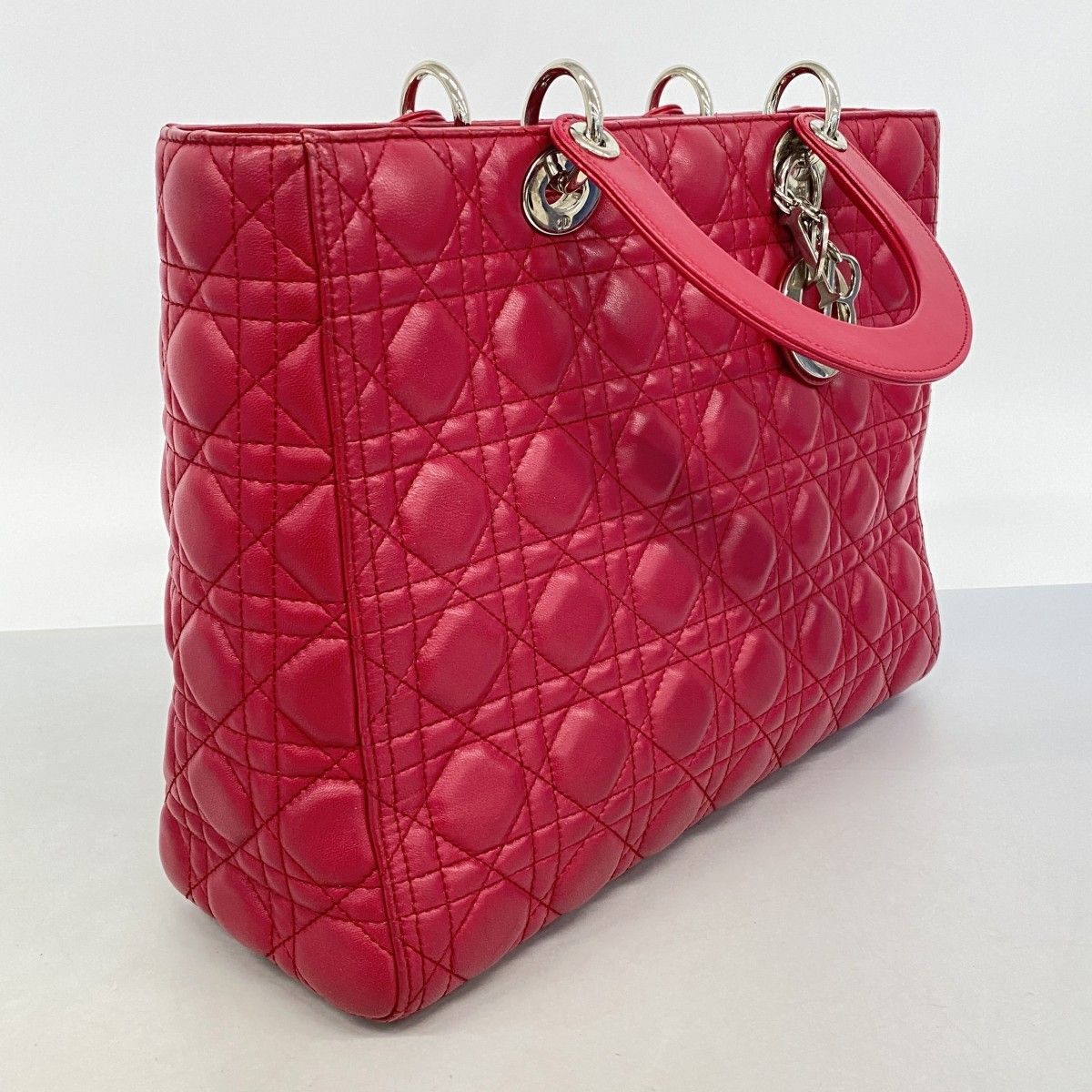 Dior Handbag Cannage Lady Leather Red Silver 2-Way — view 2