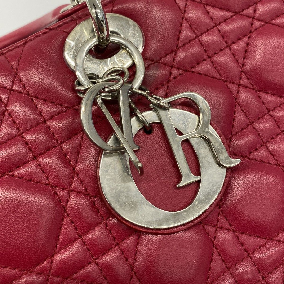 Dior Handbag Cannage Lady Leather Red Silver 2-Way — view 7