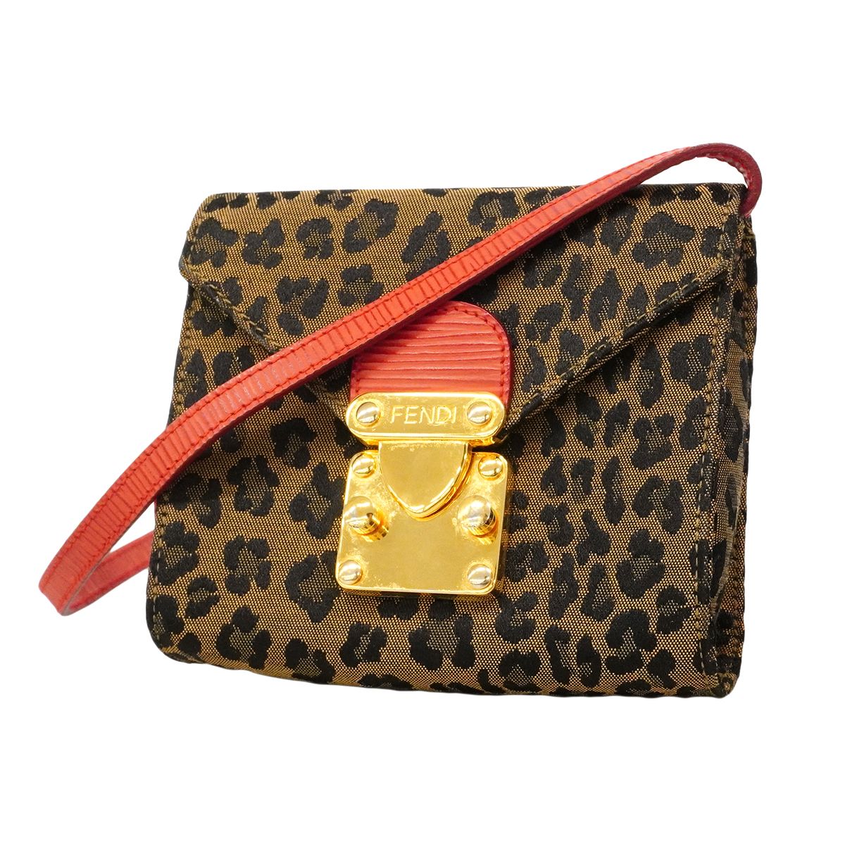 Fendi Shoulder Bag Leopard Nylon Canvas Brown Red Gold