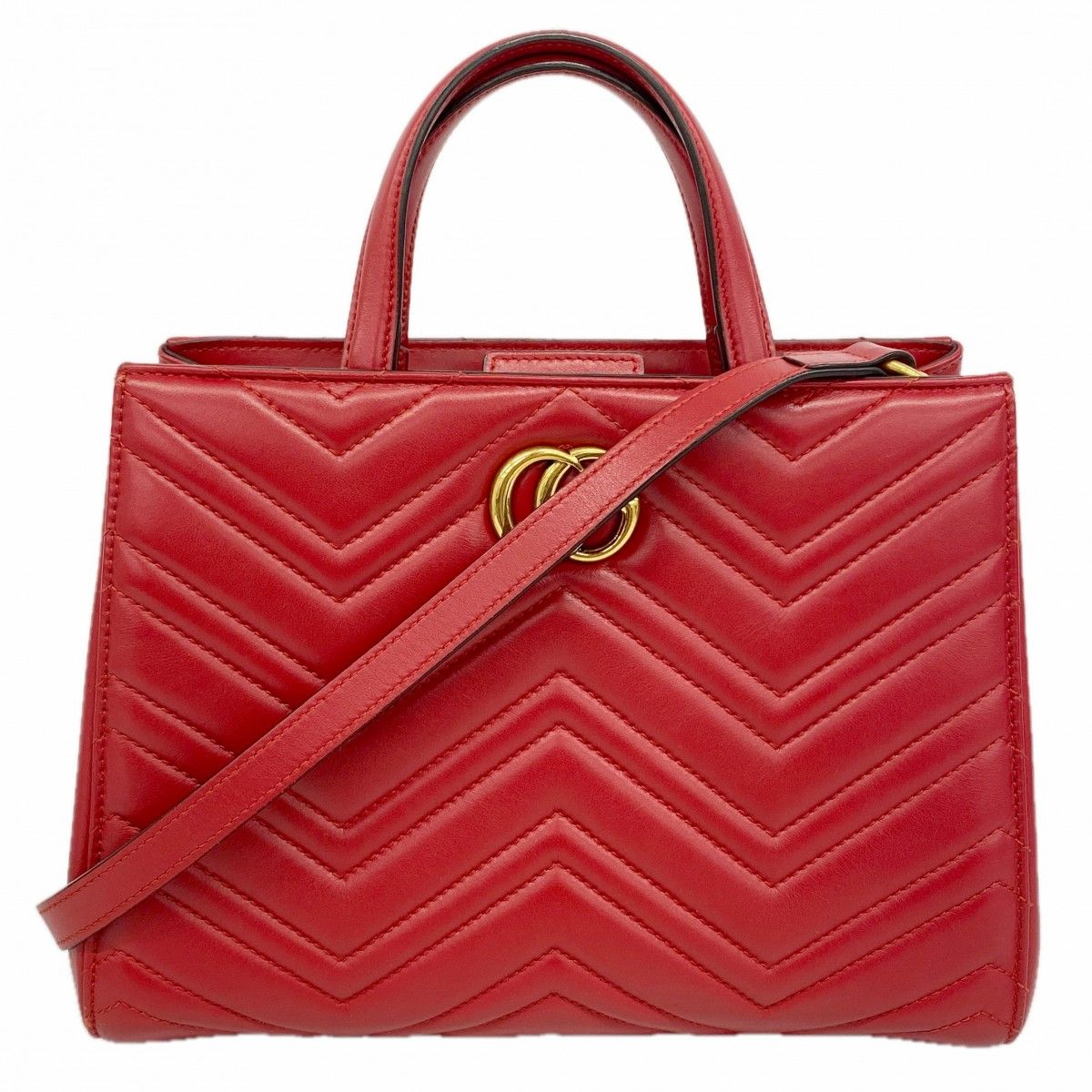 Gucci Handbag GG Marmont Leather Red Gold 2-Way