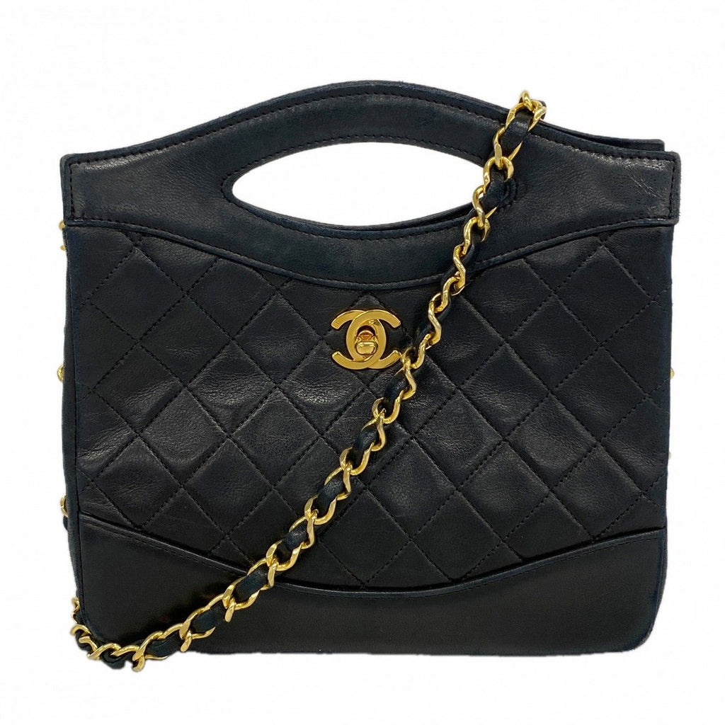Chanel Handbag Quilted Lambskin Black Gold 2-Way